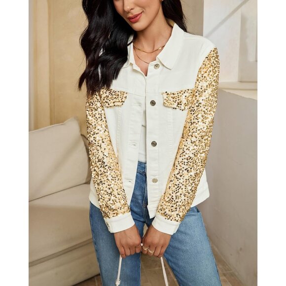 Cream White & Gold Sequin Jean Jacket for Women Long Sleeve Sparkly Denim Coat - Picture 7 of 7